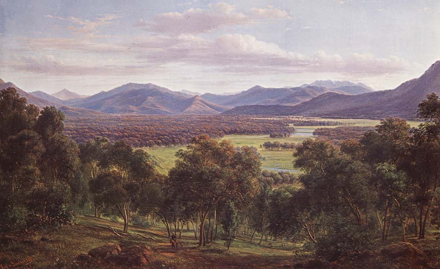 Eugene Guerard Spring in the valley of Mitta Mitta,with the Bogong Ranges in the distance